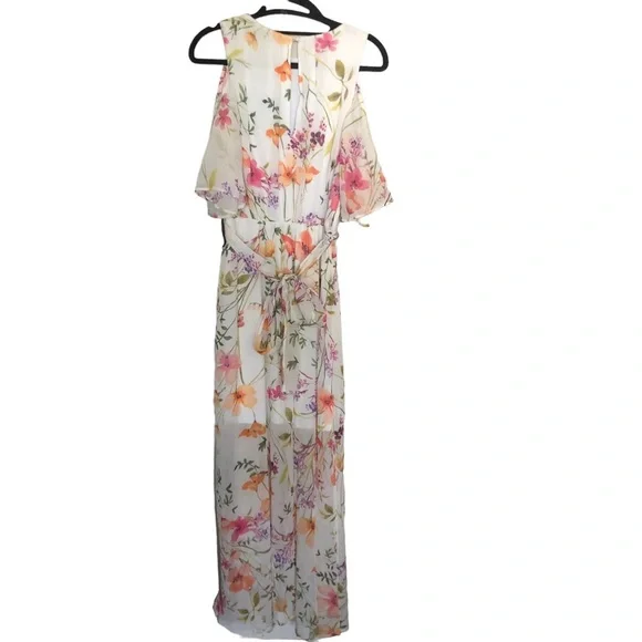 NEW Calvin Klein Cold Shoulder floral chiffon Maxi Dress with Self-sash Waist - Picture 9 of 12